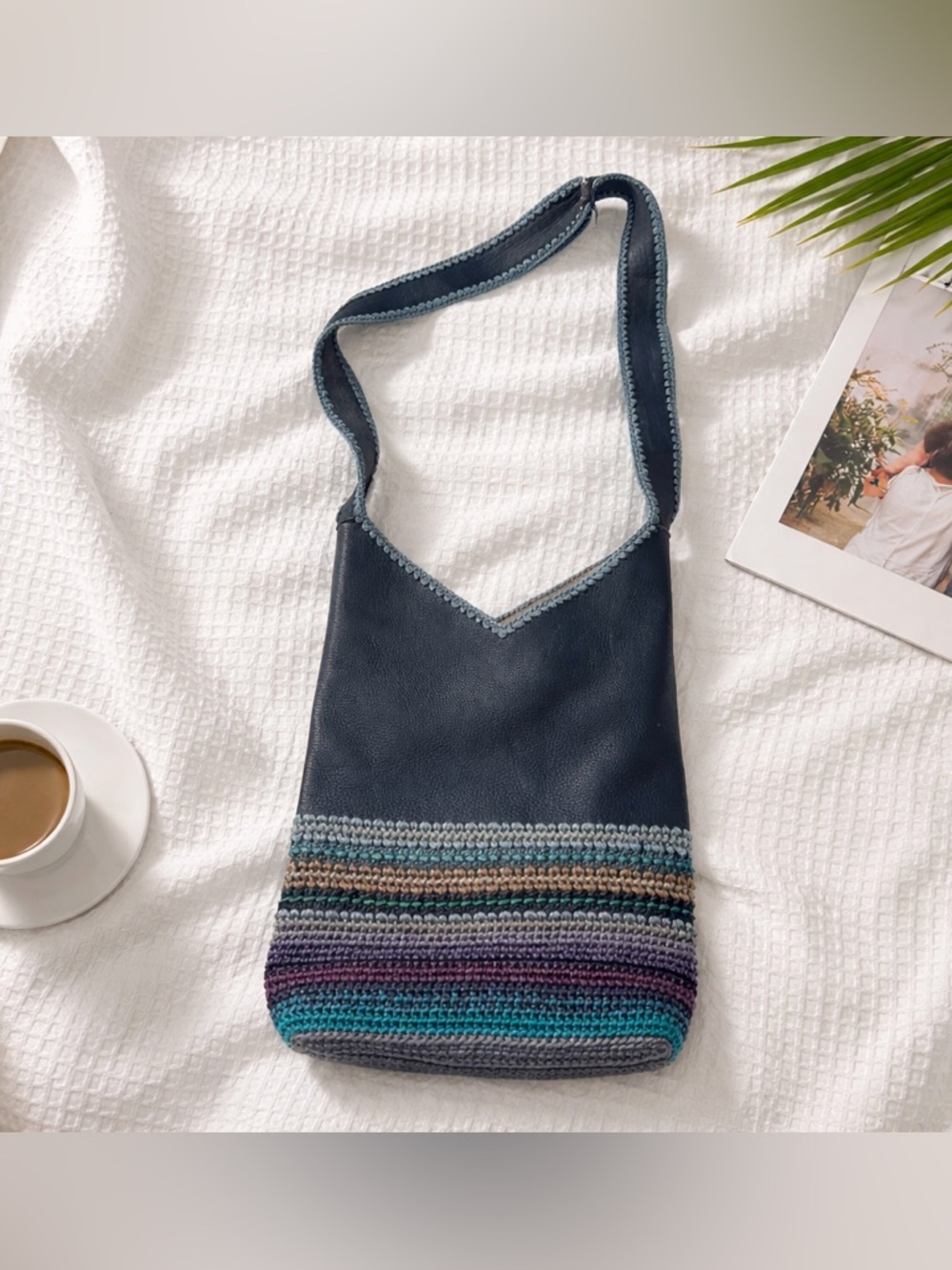 THE SAK Boho  Navy Blue Leather Crochet Slouch Crossbody Bag